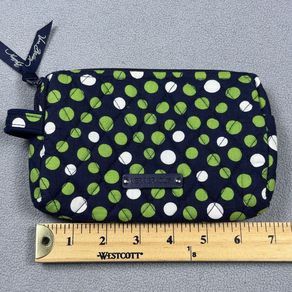 Vera Bradley Cosmetic Makeup Bag Pouch Quilted Go Wild Navy Green Polka Dot - Picture 7 of 9